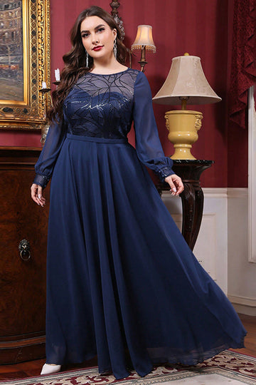 Navy Chiffon A line Long Sleeves Mother of the Bride Dress with Sequins